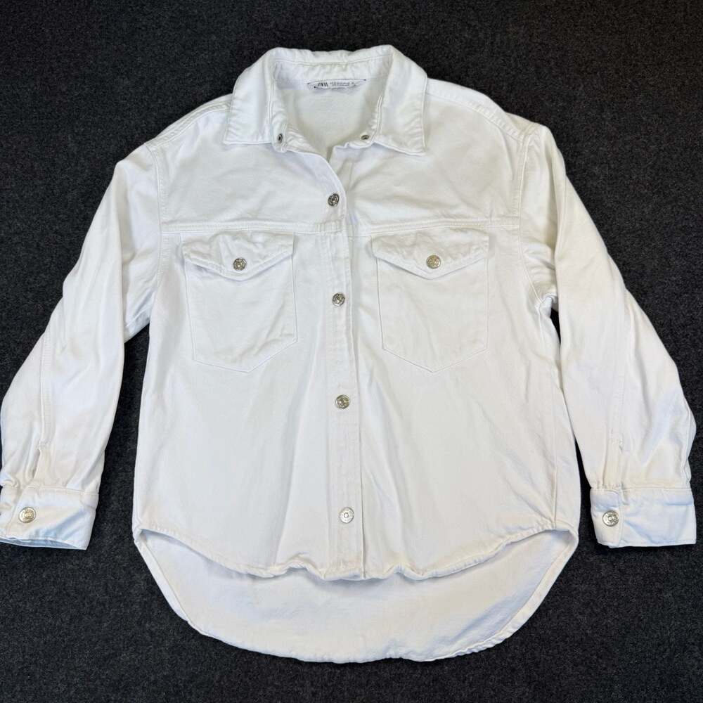 Zara Women's White Denim Snap Button-Up Shirt